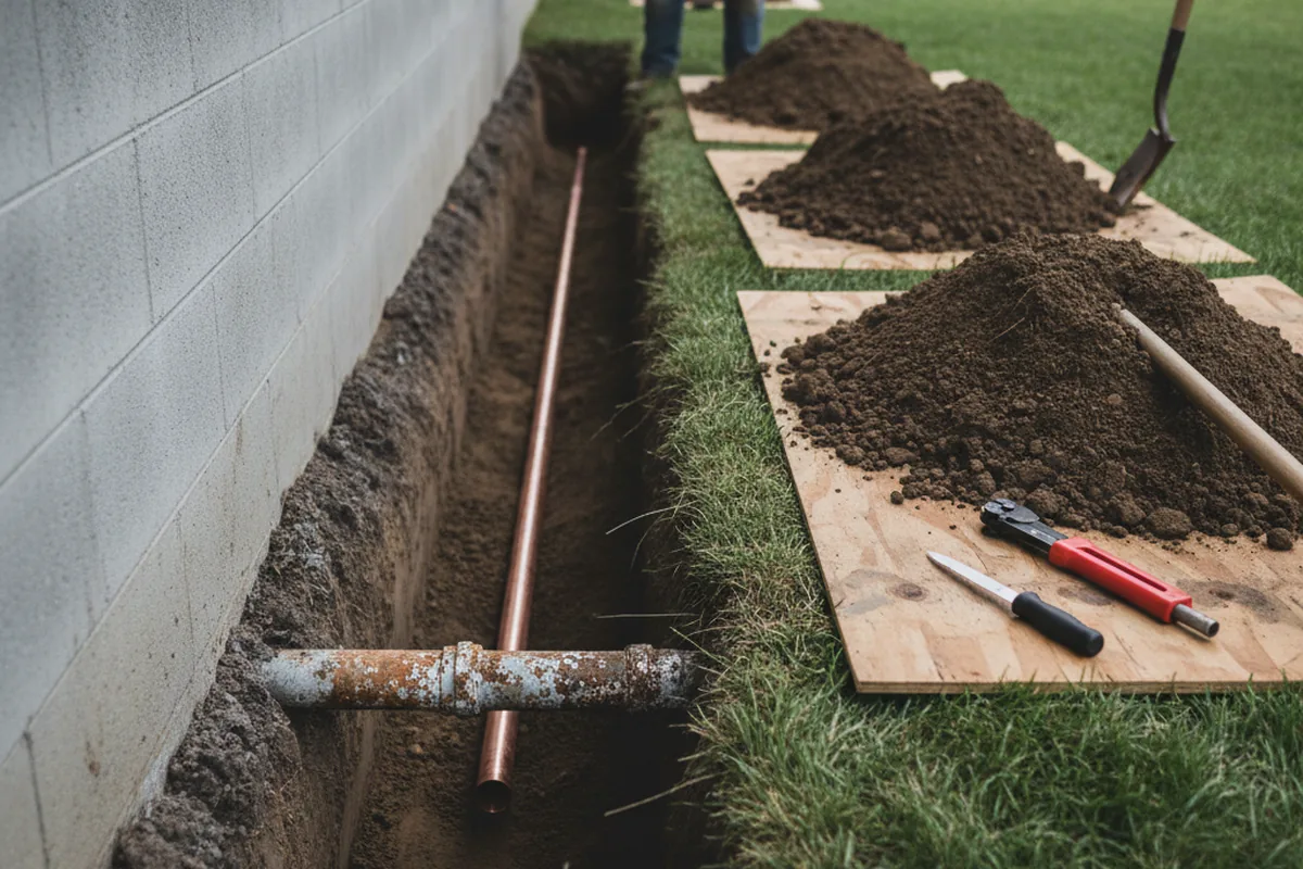 Excavated water line trench during Sewer Line Repair in Damascus